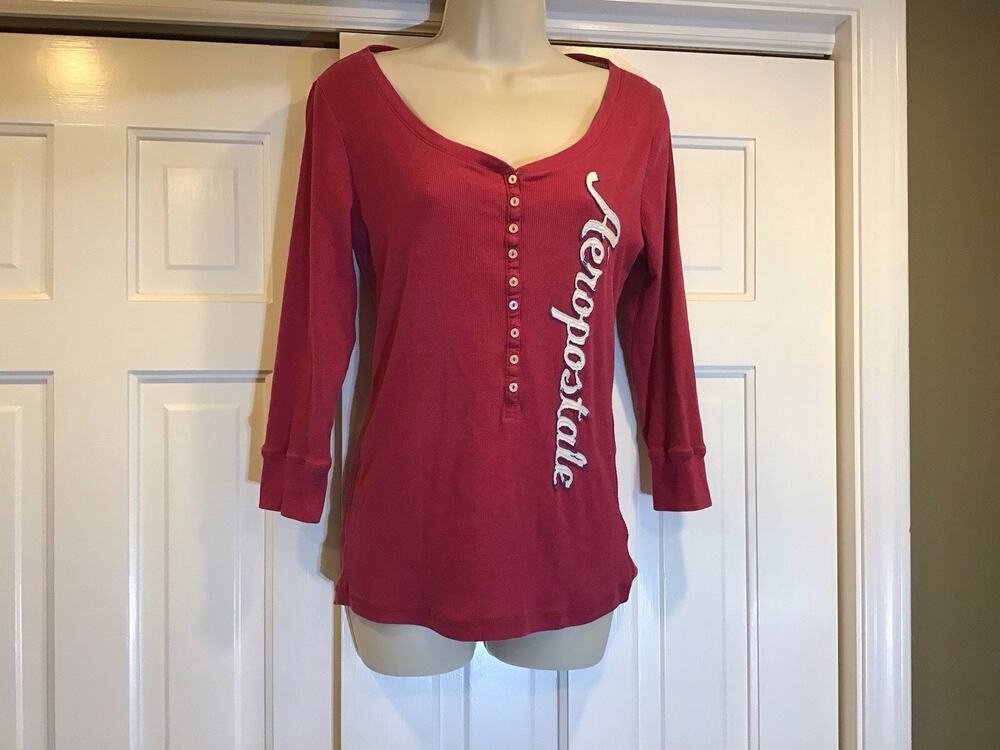 Aeropostale Y2K Ribbed Henley Spelled Raised Logo Button Front Women Sz XL Bella